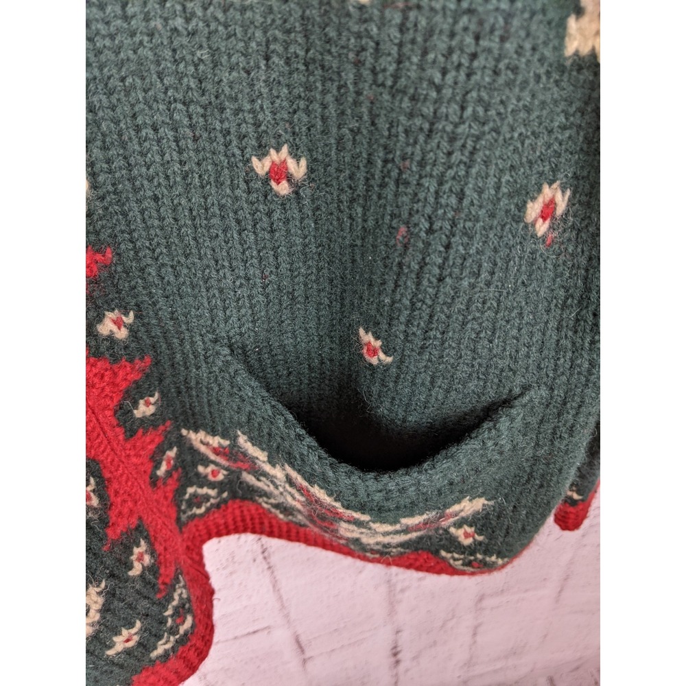 Lauren Ralph Lauren Hand Knit Wool Reindeer Faux Fur Zip Cardigan Green Red M - Picture 7 of 8